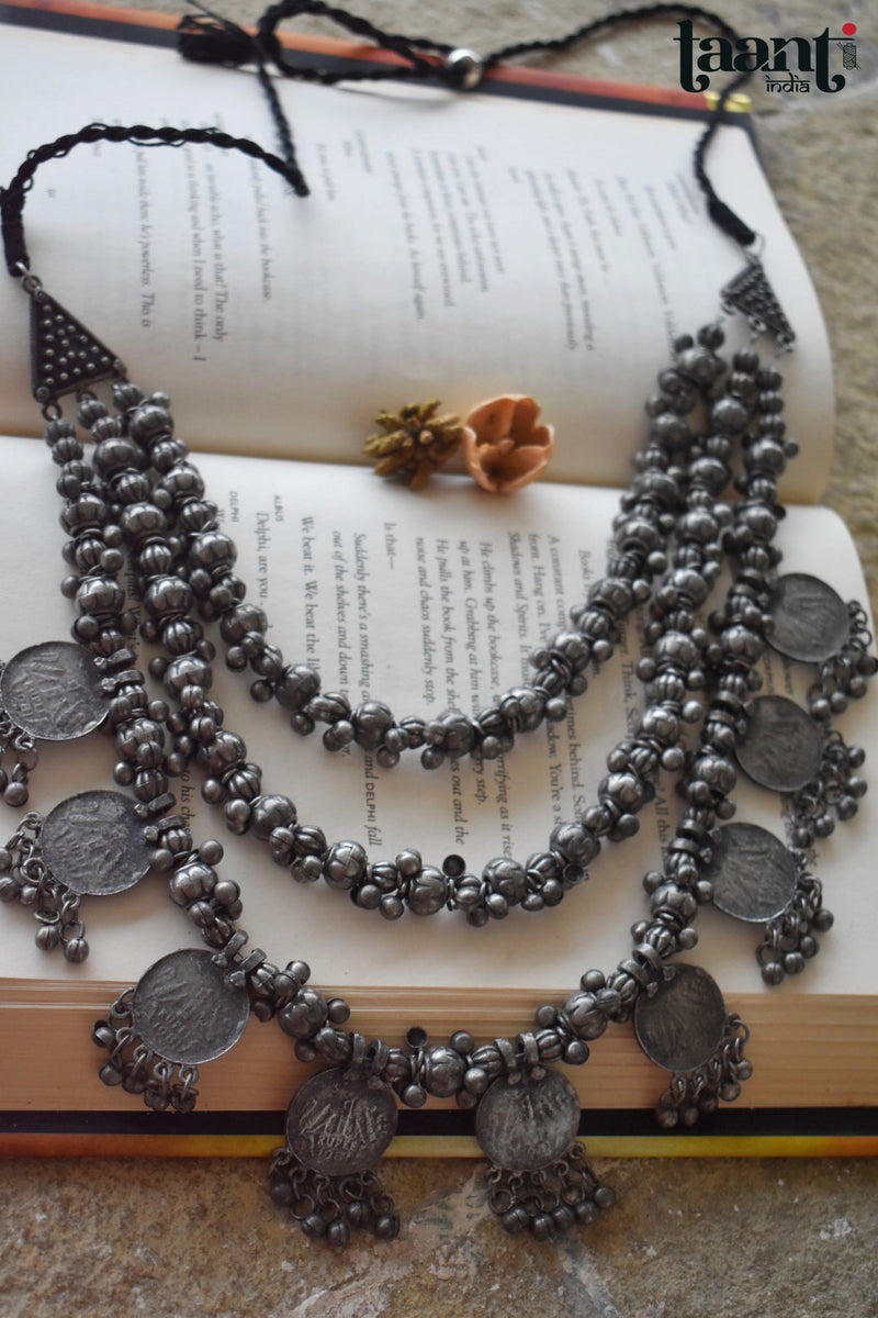 Black Polish German Silver Three Layer  Necklace with Ghungroo and Coins