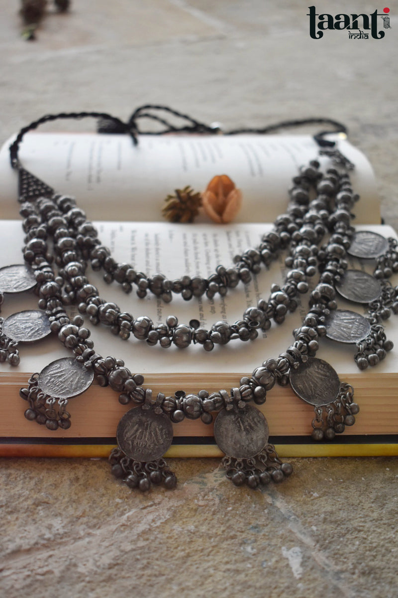 Black Polish German Silver Three Layer  Necklace with Ghungroo and Coins