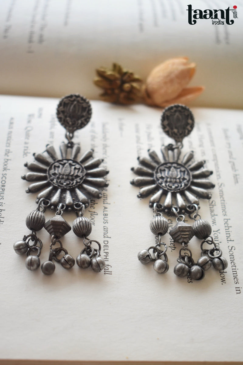 Black Polish German Silver lotus Embossed Long Earring