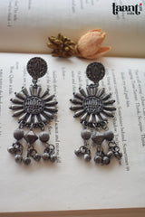 Black Polish German Silver lotus Embossed Long Earring